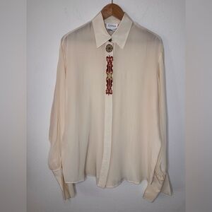 VINTAGE JENNA Cream 100% Silk Button Down Shirt with Embroidery Sz 14